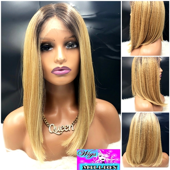 Evelyn” Synthetic Wig long bob lacefront wig champagne color Yaki Texture